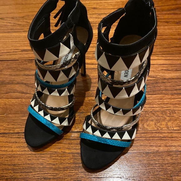 Steve Madden Strappy Black/white Print Snakeskin Heels Women’s Size 7 - Picture 2 of 11